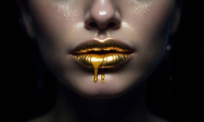 a woman's lips with a golden, dripping liquid on them against a dark background