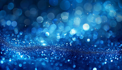 Celestial Blue Glitter Defocused Abstract Twinkly Lights Background, shimmering blurred lights in bright celestial blue colors.