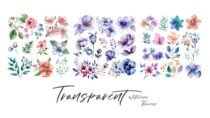 A collection of beautiful and elegant watercolor flowers suitable for wedding invitations and decoration elements