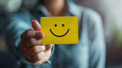 Close-up of a hand holding a card with a happy smiling face, symbolizing customer satisfaction and positive feedback, reflecting the concept of happy client experiences and service excellence.