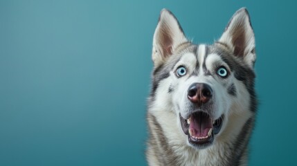Fototapeta premium Portrait of a surprised Husky dog over plain background