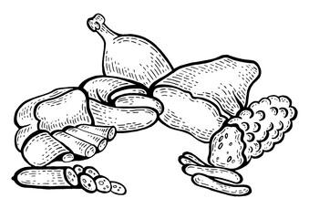 Meat products sketch engraving PNG illustration. Scratch board style imitation. Hand drawn image.