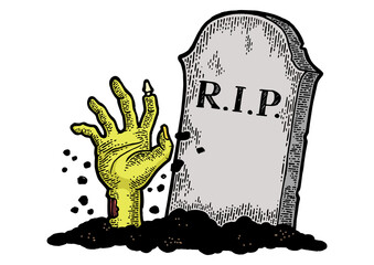 Zombie Dead man hand crawls out of grave color sketch engraving PNG illustration. Scratch board style imitation. Black and white hand drawn image.