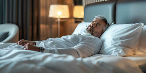 Fototapeta premium Businessman resting in hotel room. Exhaustion and travel concept. Design for hospitality and travel marketing.