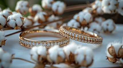 Exquisite golden wedding bands nestled among soft cotton bolls, symbolizing timeless elegance and romantic commitment