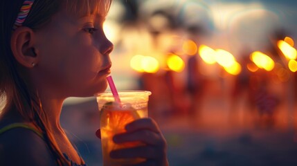 A little girl is holding a lit candle on the beach, under the starry sky during a happy event. The scene is reminiscent of fun travels and classic cocktails like aguas frescas in a martini glass AIG50