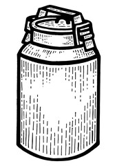 Large industrial milk can sketch engraving PNG illustration. Scratch board style imitation. Black and white hand drawn image.