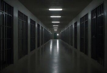 A long hallway with rows of metal prison cells on both sides, with bars on the windows and doors, the floor is concrete and the lighting is fluorescent, creating