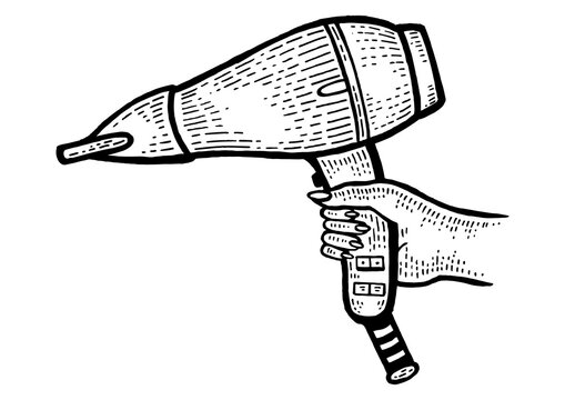 recommend clip art: Hair dryer in hand sketch engraving PNG illustration. Scratch board style imitation. Black and white hand drawn image.