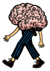Human brain walks on its feet color sketch engraving PNG illustration. Scratch board style imitation. Black and white hand drawn image.
