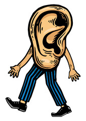 Human ear walks on its feet color sketch engraving PNG illustration. Scratch board style imitation. Black and white hand drawn image.