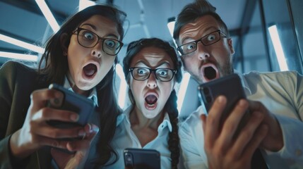 Group of professionals in office attire checking mobile phones and networking during a business meeting
