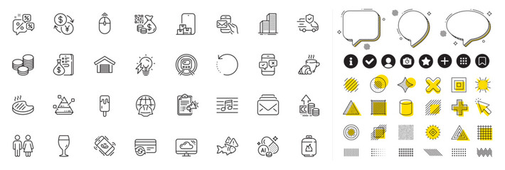 Set of Grilled steak, Metro subway and Fish line icons for web app. Design elements, Social media icons. Inflation, Skyscraper buildings, Megaphone checklist icons. Vector