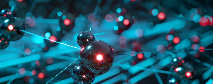 Futuristic network visualization with sphere nodes and interconnecting lines illustrating botnet detection and defense strategies