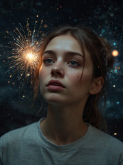 Joyful Celebration: Person Looking at Fireworks in the Night Sky