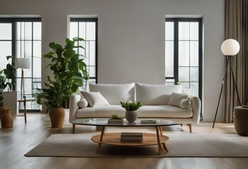 Fototapeta premium Modern room white white decor Plants pillows floor interior small sofa home modern table living wall design planks living Minimalist plain wooden