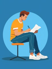 Focused Young Man Writing in a Casual Setting