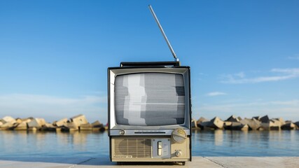 television with glitch next to the sea - 801246357