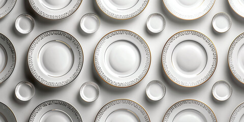 Minimalistic design of empty white plates arranged in stacks in a single order. A set of clean dishes. An aesthetic combination of white porcelain plates.