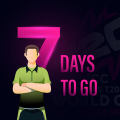 ICC Men's T20 World Cup Cricket Match to Start from 7 Days Left Based Poster Design with Ireland Cricketer Player Character on Dark Background.