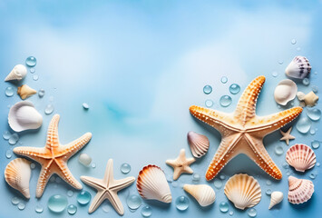 Flat lay composition with starfish and sea shells on a blue background, top view with copy space for text. Summer time concept