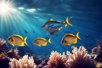 'sun underwater rays fishes wild tuna school world fish wildlife animal water aquatic atoll...