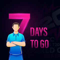 ICC Men's T20 World Cup Cricket Match to Start from 7 Days Left Based Poster Design with India Cricketer Player Character on Dark Background.