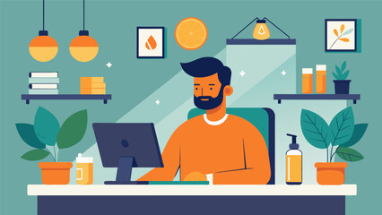 Fototapeta premium In his home office a man creates a tranquil atmosphere with the help of a blend of citrus and woodsy essential oils promoting focus and productivity..