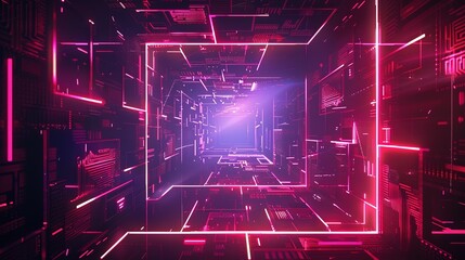 Fototapeta premium abstract background futuristic tunnel void with neon light glow to infinite perspective, space and cybernetic theme, Generative Ai