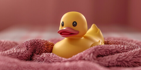 Rubber duck on a towel on the pink background