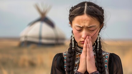 Unhappy asian crying young woman touching face, near yurt, thinking about problems. Girl feeling lonely and sad, psychological and mental troubles, suffering from bad relationship