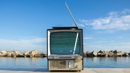 television with glitch next to the sea