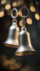 Silver hanging Christmas bells on a black background with Christmas lights in the background in bokeh. AI Generated.