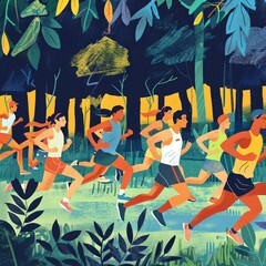 Sport colorful background with silhouettes of running people at park. Illustration with mans and womans in sportswear in active healthy lifestyle. 