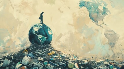 International Earth Day. Man looking to the planet Earth, surrounded by garbage, thinking about environmental problems and environmental protection. Caring for Nature.