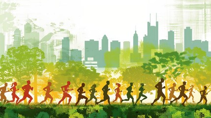 Sport colorful background with silhouettes of running people at park. Illustration with mans and womans in sportswear in active healthy lifestyle. 