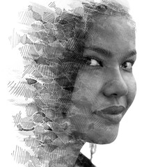 A black and white half profile paintography portrait of a young Asian woman