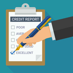 A hand with a pen ticks a credit report placed on a clipboard in flat design style