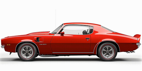 Side view of red american muscle car in white background