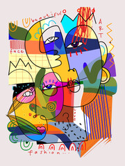 Group of colorful abstract face portrait cubism, decorative, doodle, line art hand drawn vector illustration wall art.