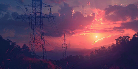 A sunset with electric towers and a sunset in the background