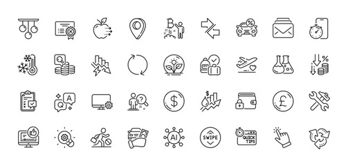 Like video, Saving electricity and Recycle line icons pack. AI, Question and Answer, Map pin icons. Deflation, Inspect, Swipe up web icon. Medical flight, Incubator, Dollar money pictogram. Vector