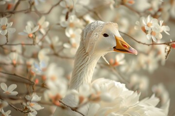 goose in a bonnet, spring flowers, bokeh with copy space for mother goose day