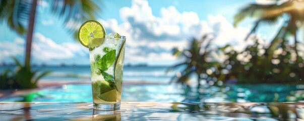 summer cold mojito cocktail stands near the pool. summer refreshing drinks for relaxation. - Powered by Adobe