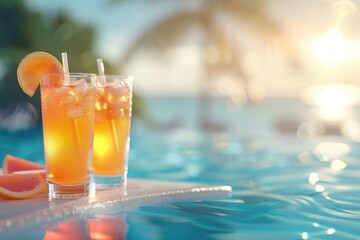 summer, cold, cocktails standing by the pool. summer soft drinks with fruits and pieces of ice for relaxation.