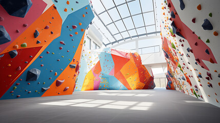 Climbing White Walls with colorful Artificial Elements in Bouldering Center
