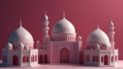 3d mosque with white and slight pink gradations on a bright pink background.generative.ai