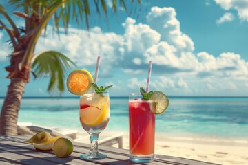 summer, cold, cocktails standing in a summer bar on the beach against the backdrop of the ocean. summer soft drinks with fruits and pieces of ice for relaxation.