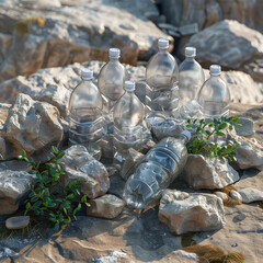 Empty plastic bottles discarded in nature. Plastic pollution of the environment. Rocks and green plants on the bank of a crystal clear river. Ecological disaster