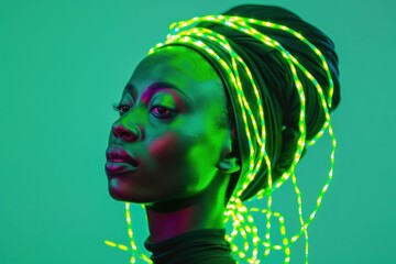 African woman with neon lights on head and green headband against green background at night